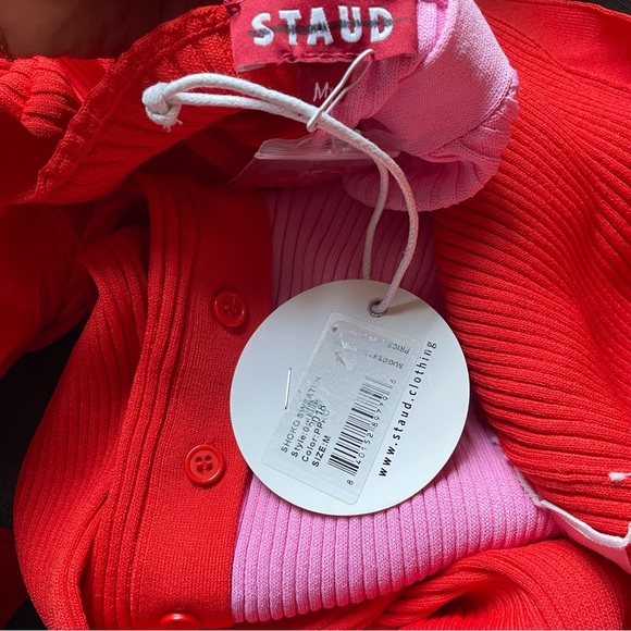 STAUD Shoko Colorblock Bodycon Sweater Dress in Lava & Peony - Picture 10 of 12